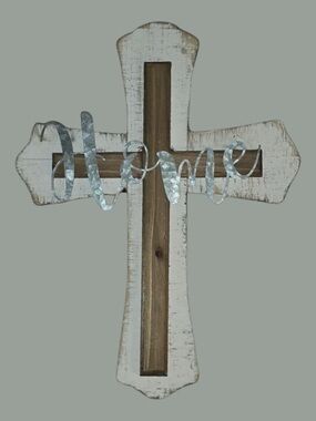 Farmhouse Cross EUC- Silver Metal 'Home' Accent -